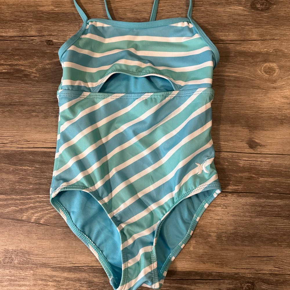 Hurley Blue and White One Piece Swimsuit with Striped Design NWOT